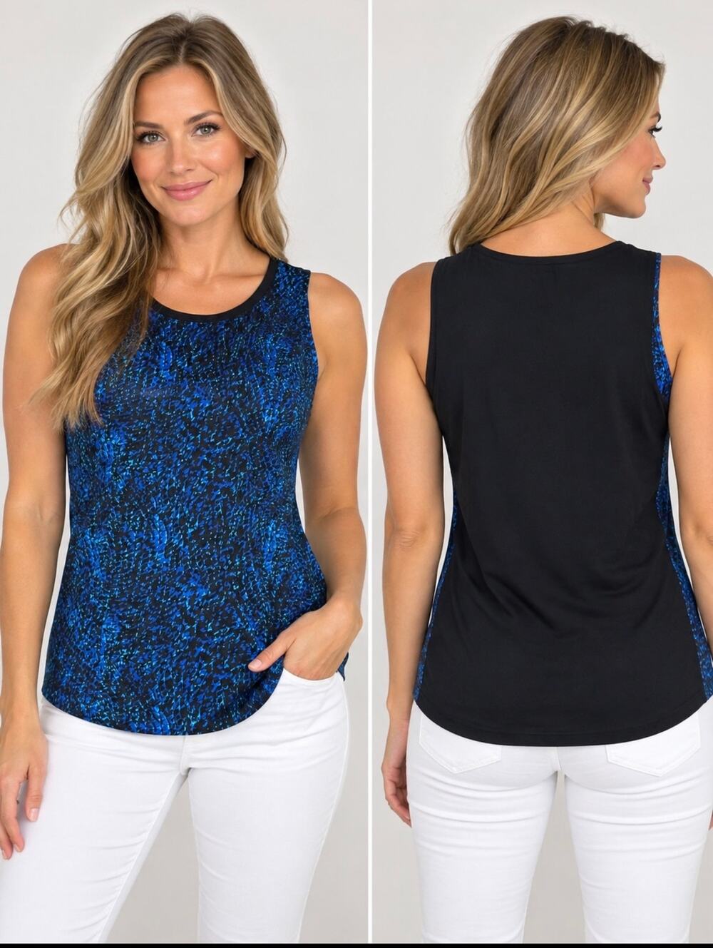 Ann Taylor Petite Blue Black Abstract Sleeveless Blouse Career Quiet Luxury Sz S